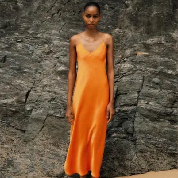 NWT ZARA ORANGE SATIN MIDI DRESS SIZE L - Picture 5 of 17